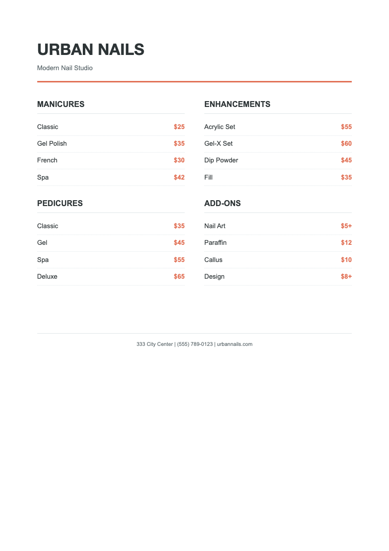 Two column modern nail price list